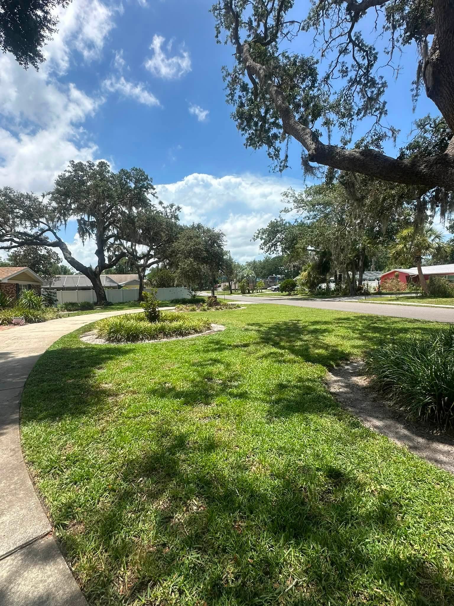 Well-kept lawn with mulch bed island